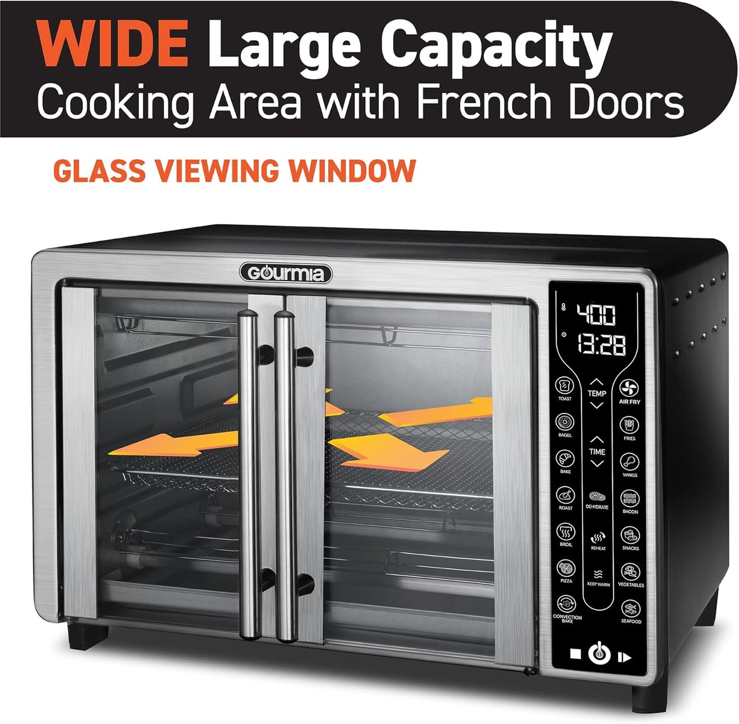 Gourmia Toaster Oven Air Fryer Combo 17 cooking presets 1700W french door digital air fryer oven 24L capacity accessories