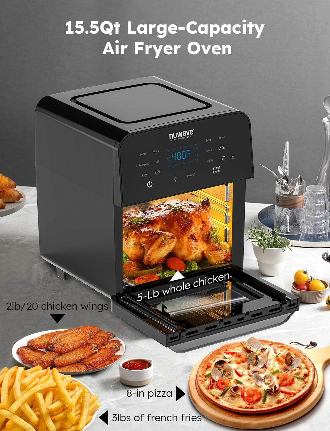 Nuwave Brio 15.5Qt Air Fryer Rotisserie Oven, X-Large Family Size, Powerful 1800W