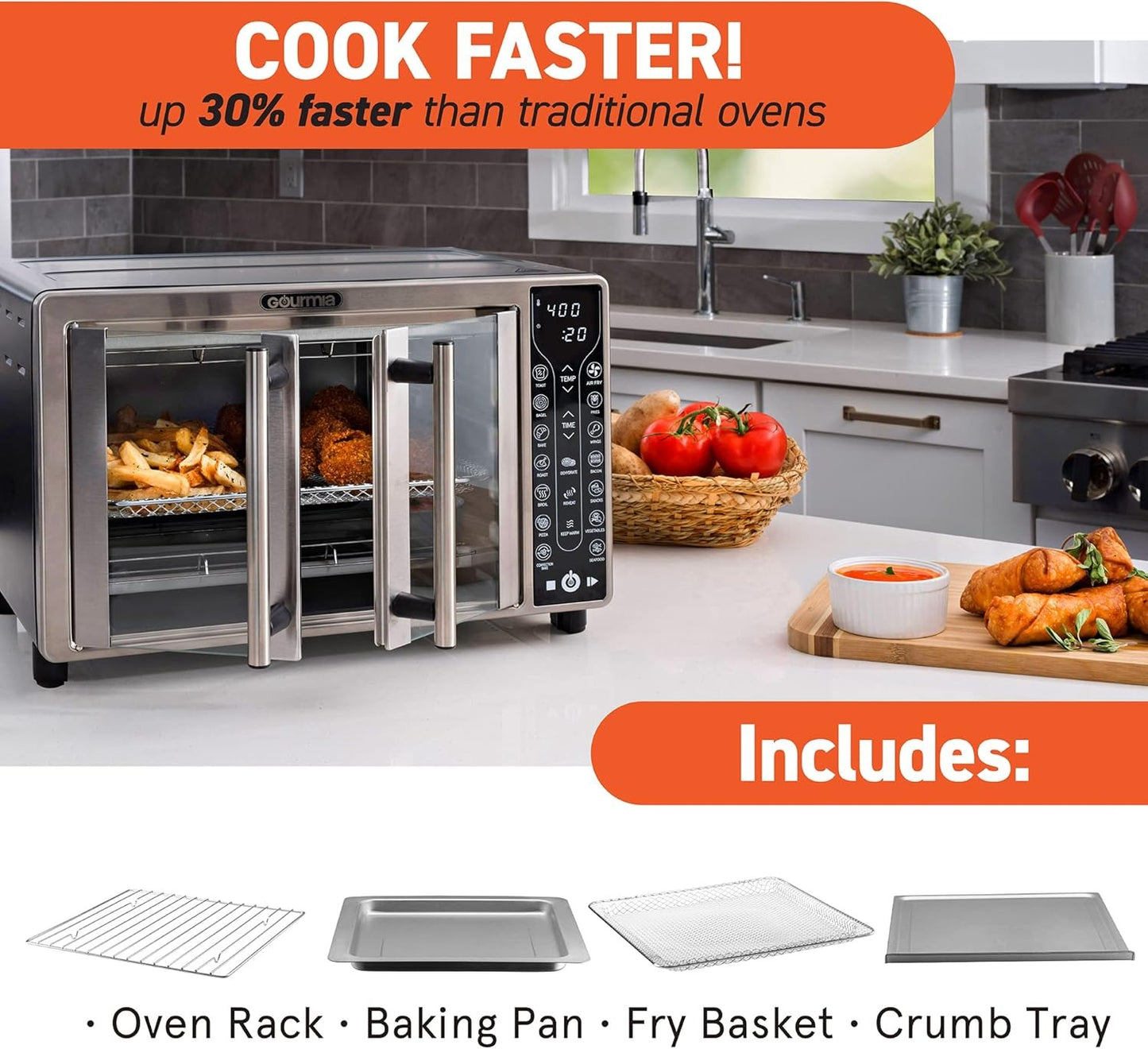 Gourmia Toaster Oven Air Fryer Combo 17 cooking presets 1700W french door digital air fryer oven 24L capacity accessories