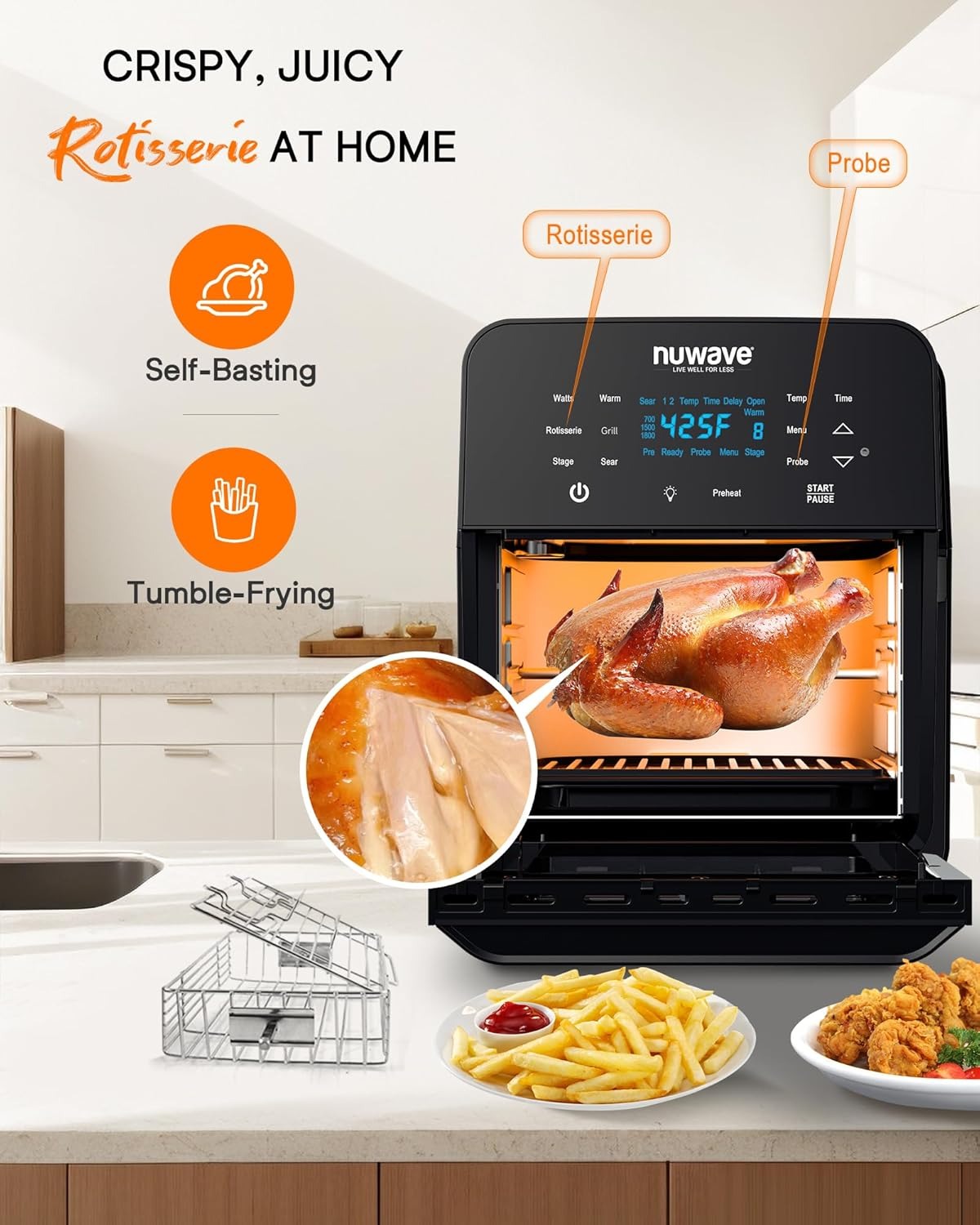 Nuwave Brio 15.5Qt Air Fryer Rotisserie Oven, X-Large Family Size, Powerful 1800W