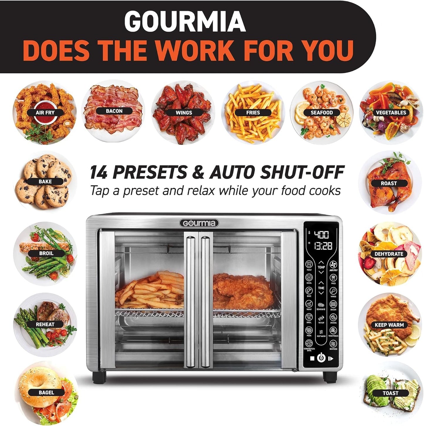 Gourmia Toaster Oven Air Fryer Combo 17 cooking presets 1700W french door digital air fryer oven 24L capacity accessories