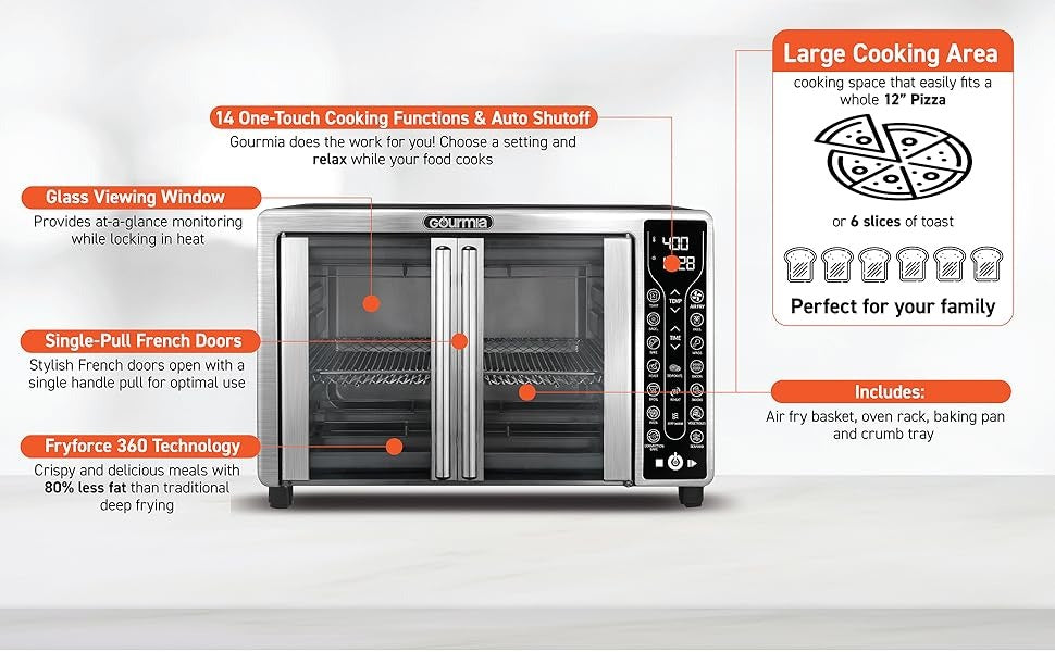 Gourmia Toaster Oven Air Fryer Combo 17 cooking presets 1700W french door digital air fryer oven 24L capacity accessories