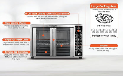 Gourmia Toaster Oven Air Fryer Combo 17 cooking presets 1700W french door digital air fryer oven 24L capacity accessories